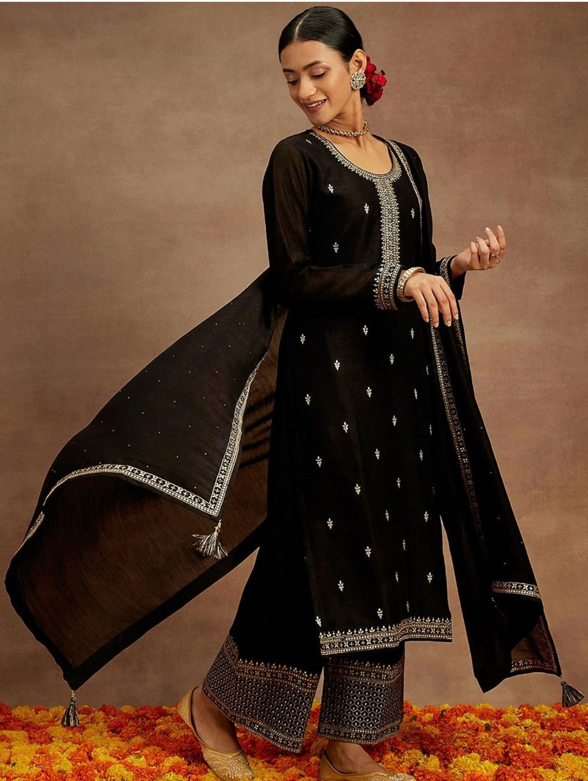 Kurta With Palazzos & Dupatta with Floral Embroidery