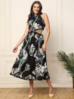 Black Abstract Printed Waist Cut Out Women Dress in Germany