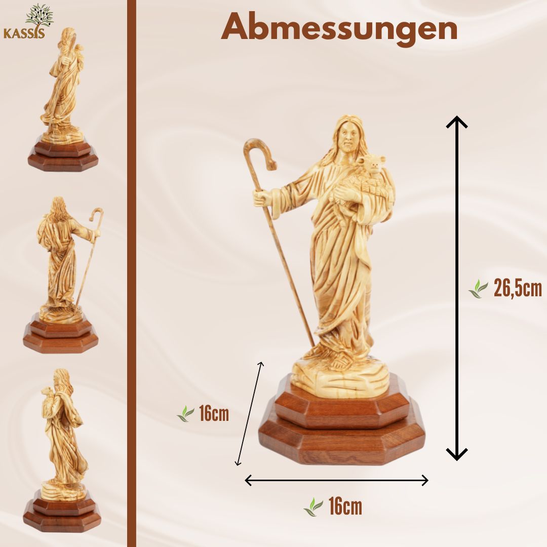 Der Gute Hirte aus Olivenholz – Handgeschnitzte Jesusfigur mit Lamm (26,5 cm)