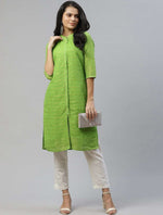 Women Green & Golden Striped Dobby Kurta