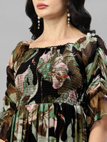 Black Multi Colour Printed Chiffon Smocked Tiered Dress in Germany