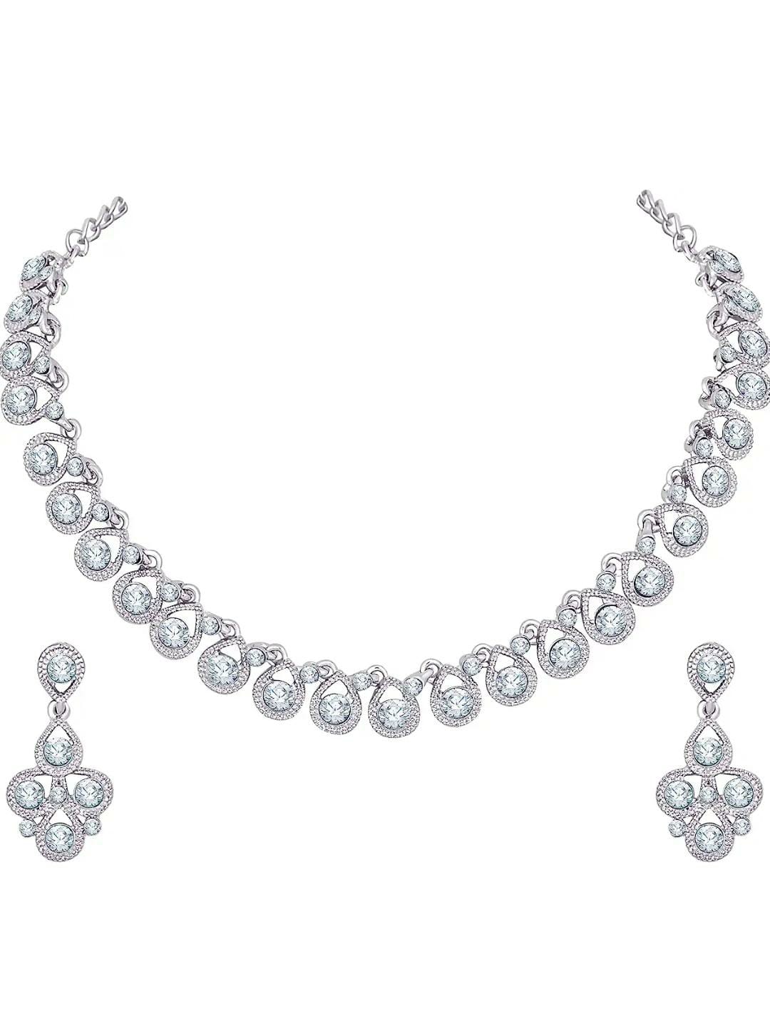 Women's Silver Plated American Diamond Necklace/Jewellery Set with Earrings