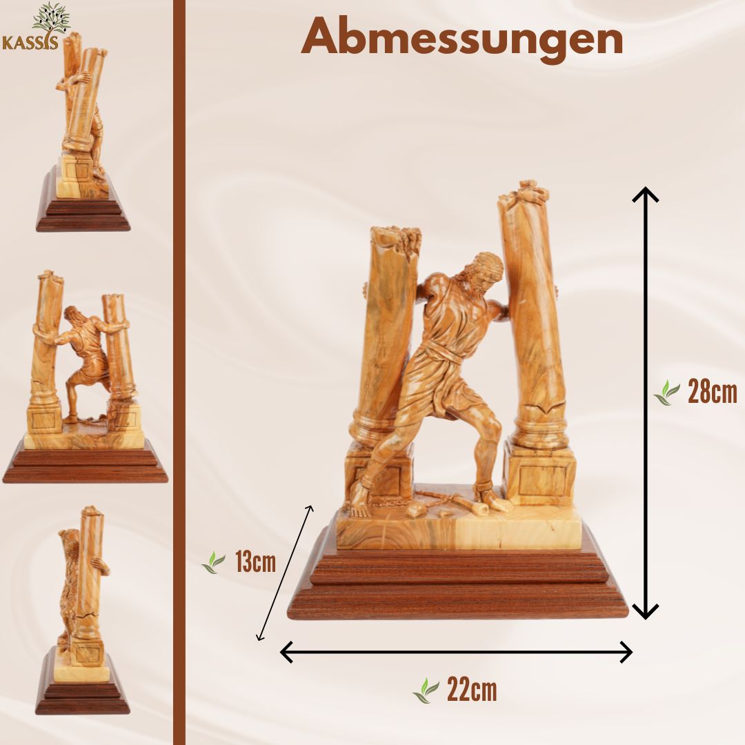 Handgeschnitzte Skulptur „Samson zerstört die Säulen“ – Olivenholzkunst aus Bethlehem (28 cm)