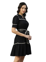 Women's Black Fit & Flare Puff Sleeve Knee Length Dress in Munich