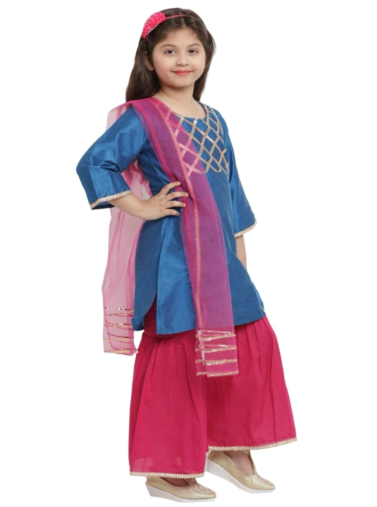 Silk Kurta with Palazzos & Dupatta for Girls Blue Angrakha Gotta Patti Dupion