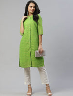 Women Green & Golden Striped Dobby Kurta
