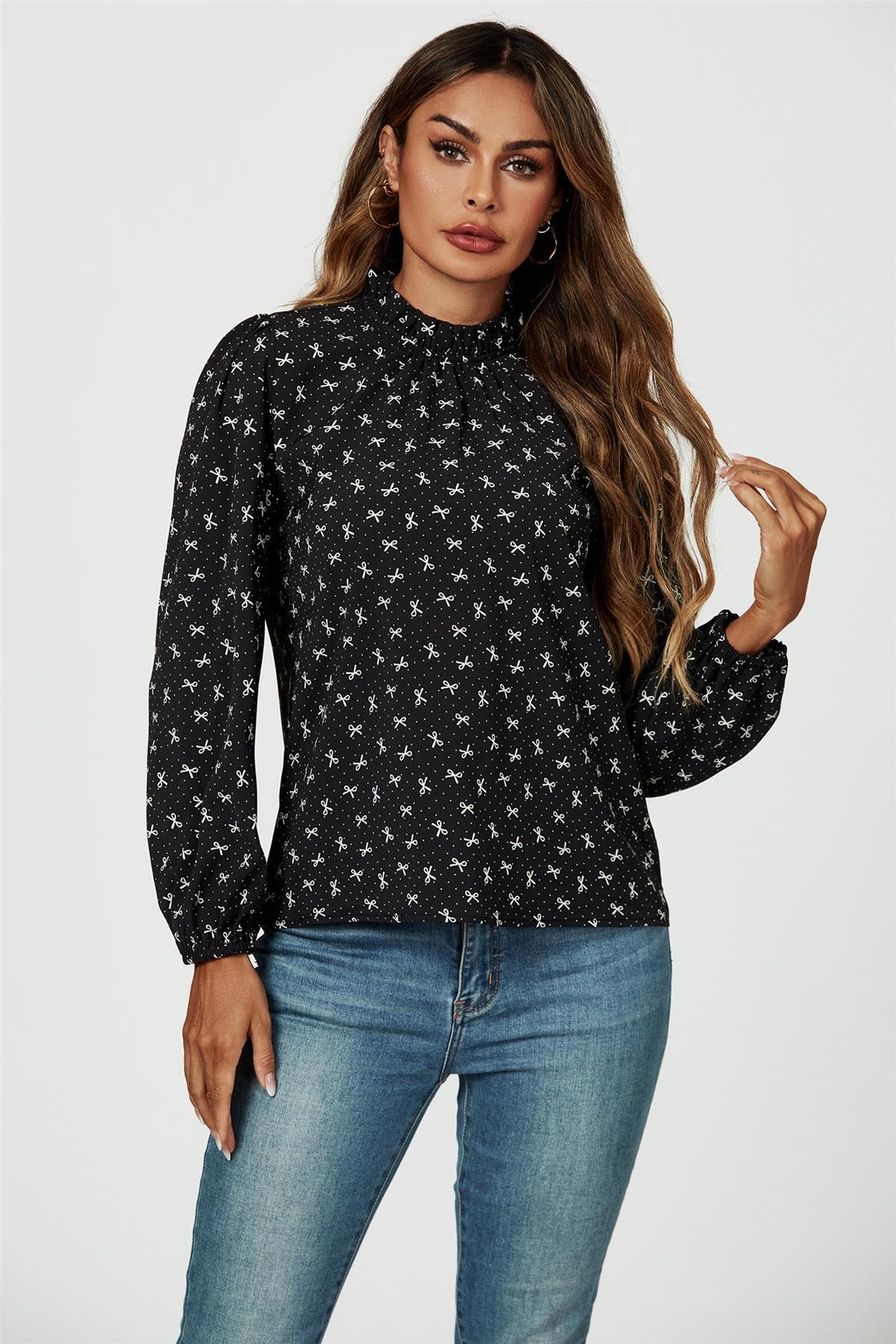 Bow Print Frill Detail High Neck Top In Black