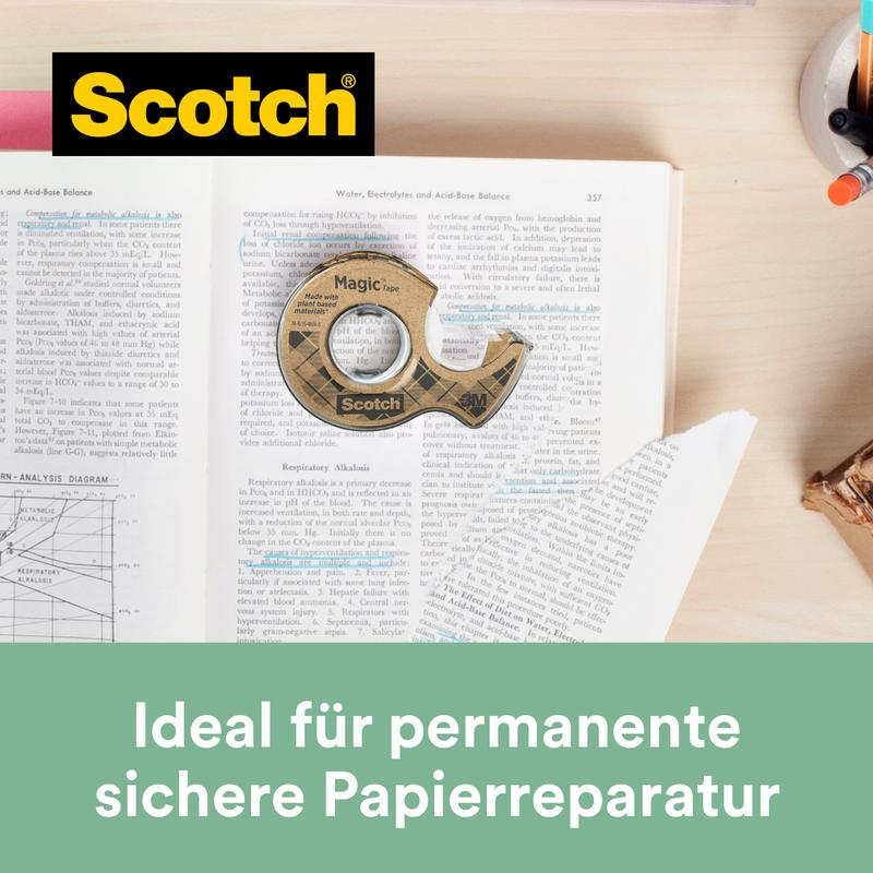 Scotch® Magic™ Klebeband, mit 66 % pflanzlichem Klebstoff hergestellt, 19 mm x 20 m, 1 Rolle + 1 Abroller aus Recyclingmaterial/Packung | Packung (1 Rolle)