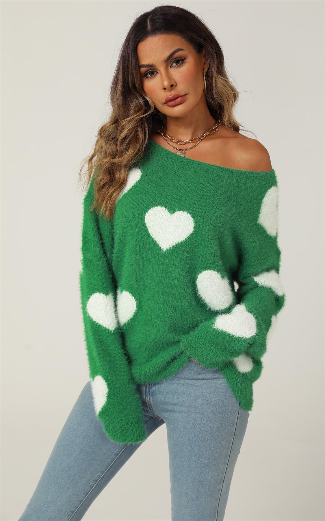 Relaxed Comfy White Heart Pattern Jumper Top In Green