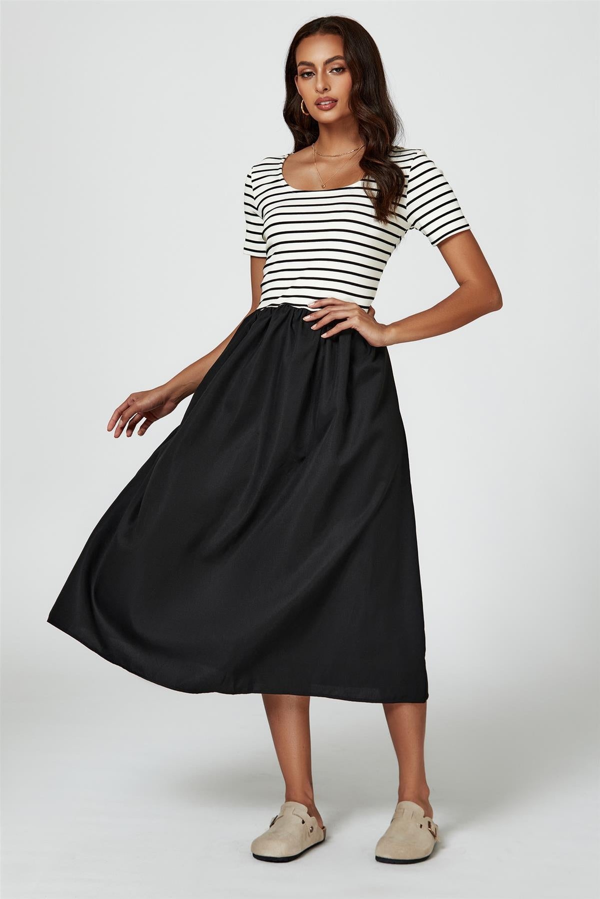 Short Sleeve Black Stripe Midi Dress In White