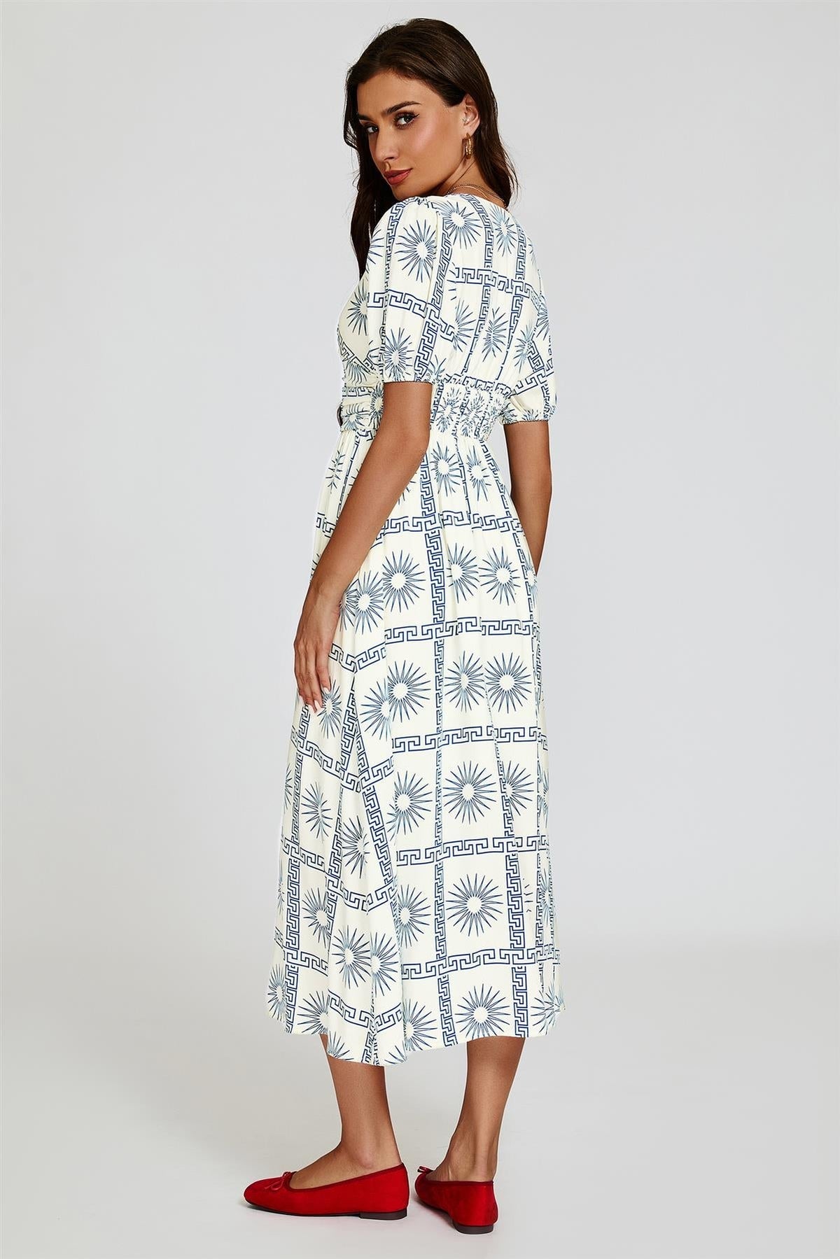 Geo Print Midi V neckline Dress In White