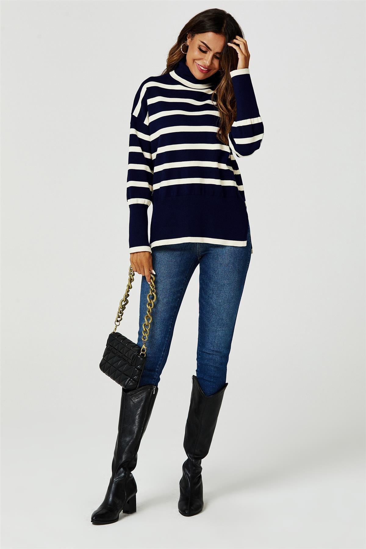 Stripes Pattern Turtleneck Jumper Top In Navy