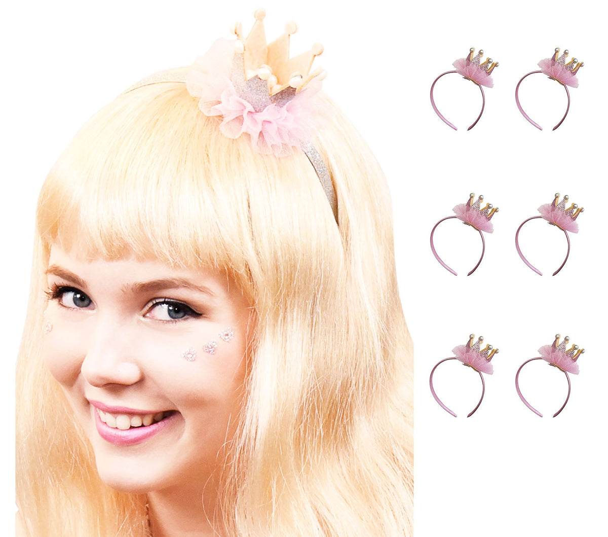 Prinzessin Glitzer Krone mit Perlen und Rüschen | 6er Set