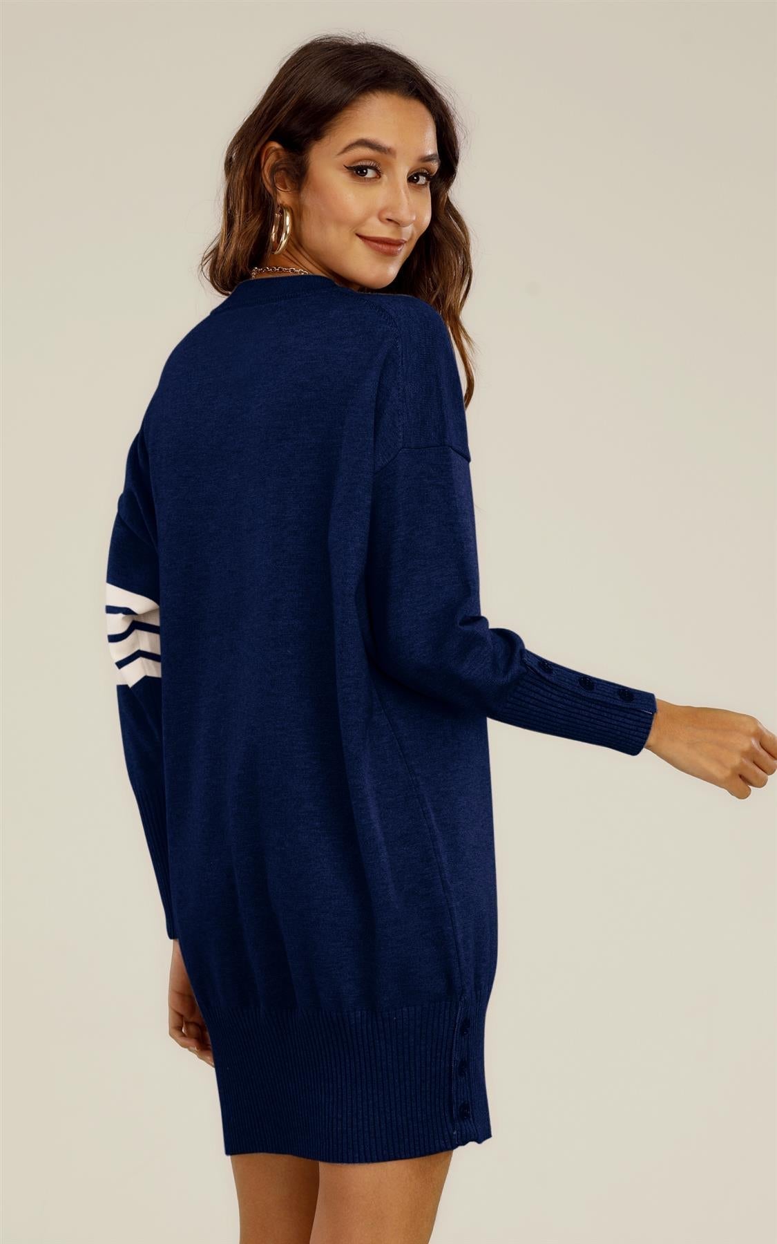 Knitted Tunic Jumper Dress With White Stripe In Navy