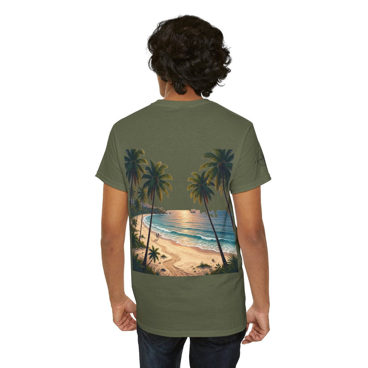 Strandurlaub T-Shirt – Retro Sonnenuntergang mit Palmen & ‚Urlaub‘ Wortwolke