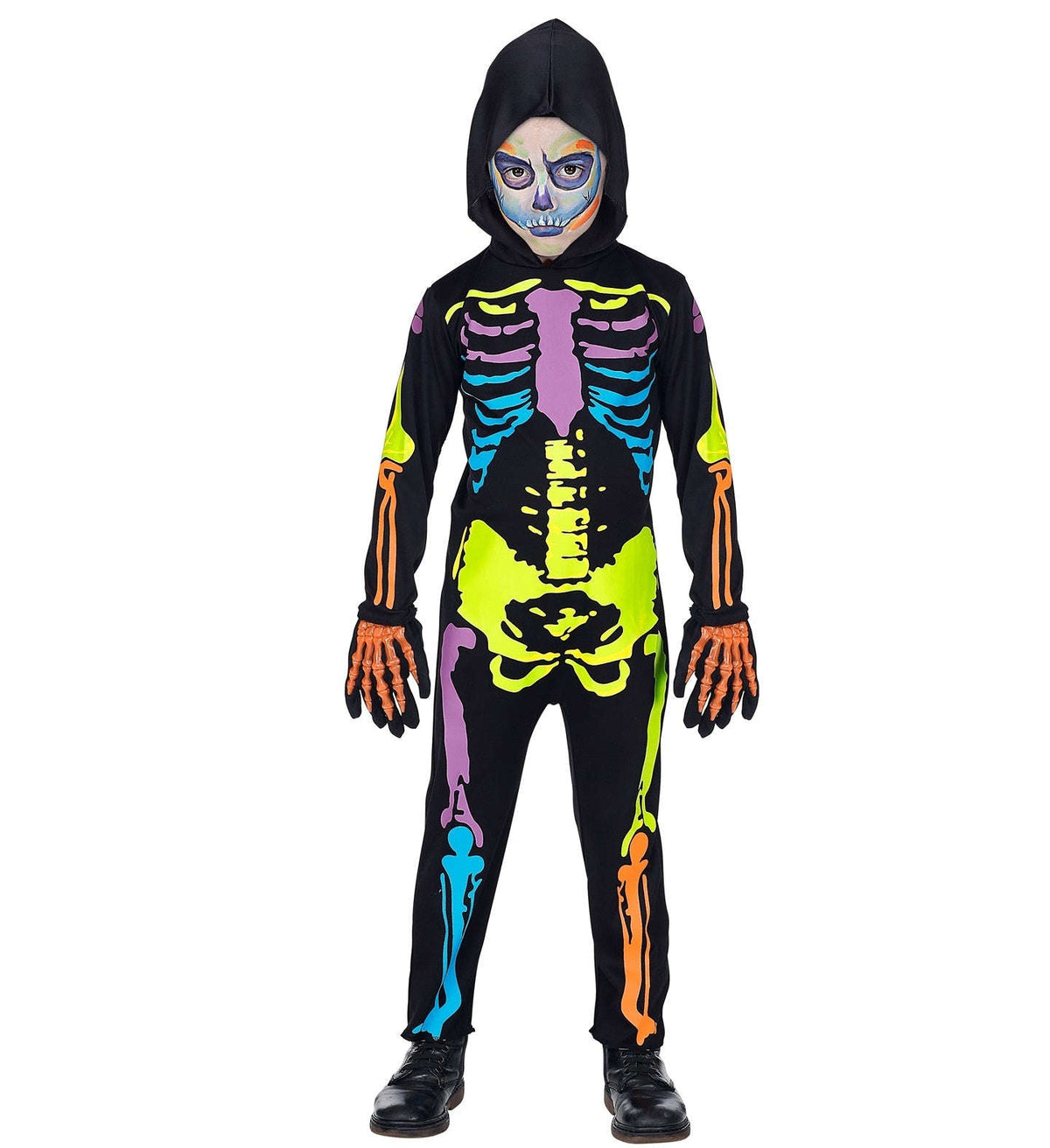 Kinderkostüm buntes Skelett, Kostüm für Halloween, Faschingskostüme Kinder, Overall mit Kapuze Namma Markt