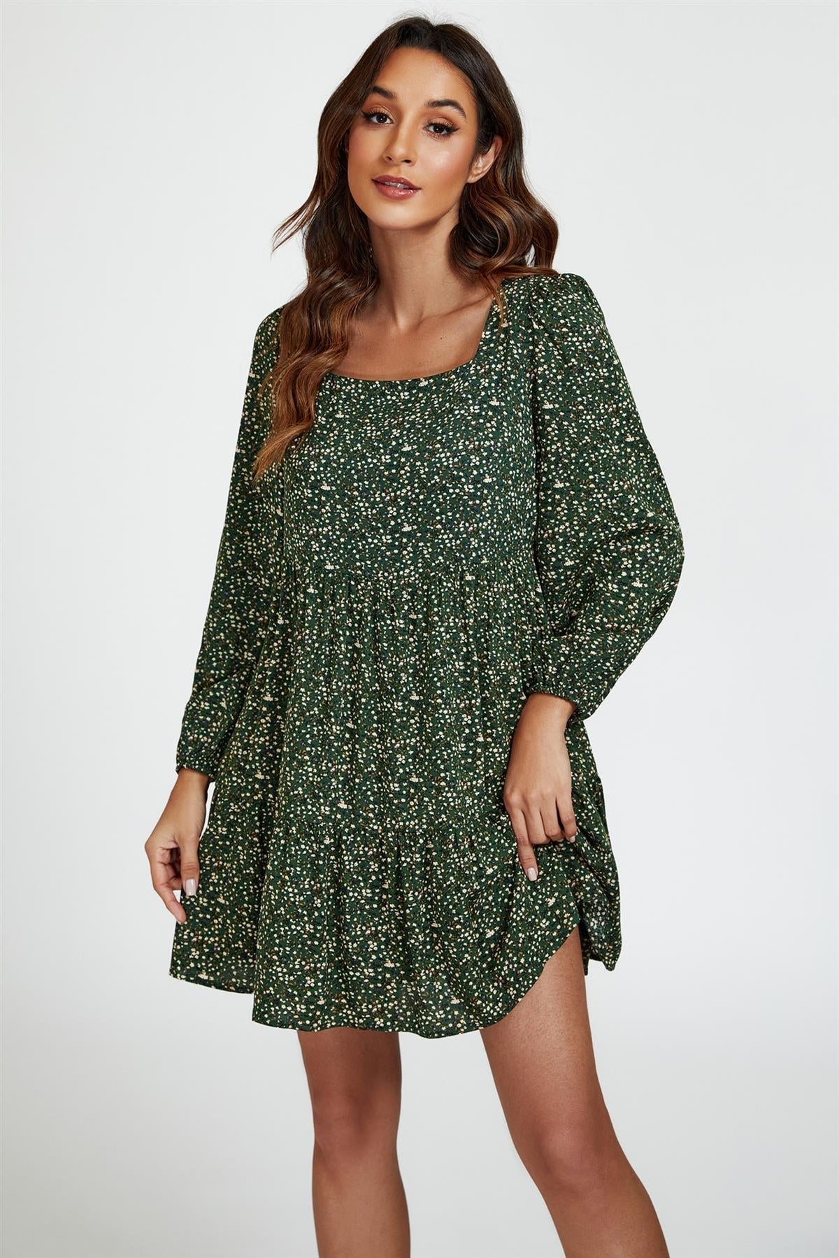 Little Floral Print Square Neck Mini Dress In Olive Green