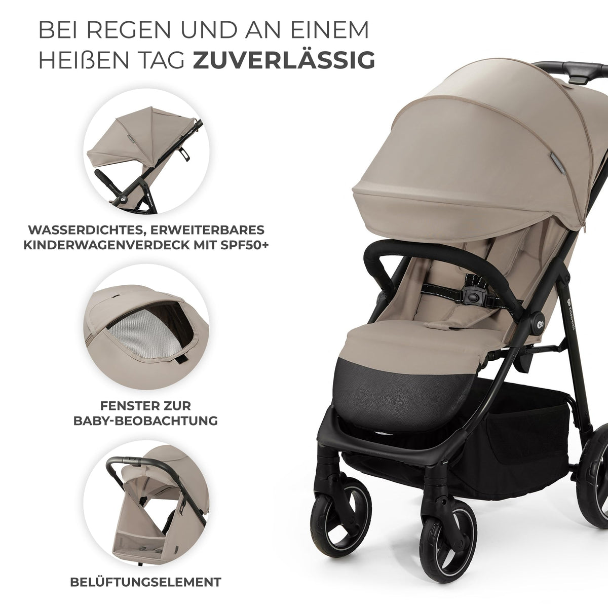 Kinderkraft TRIG 3 Kinderwagen, Kinderbuggy, Liegewagen, Sportwagen, Buggy, Zusammenklappen, Breite und tiefe Sitz, mit Liegeposition, 4 Rad Dämpfung, Große Dach, 5-Punkt-Gurt, bis zu 25 kg, Beige