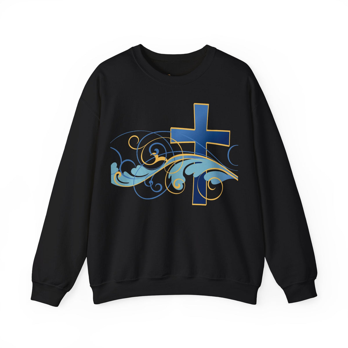 ESTID Unisex Crewneck Pullover | Blaues Kreuz & Wellen-Ornament