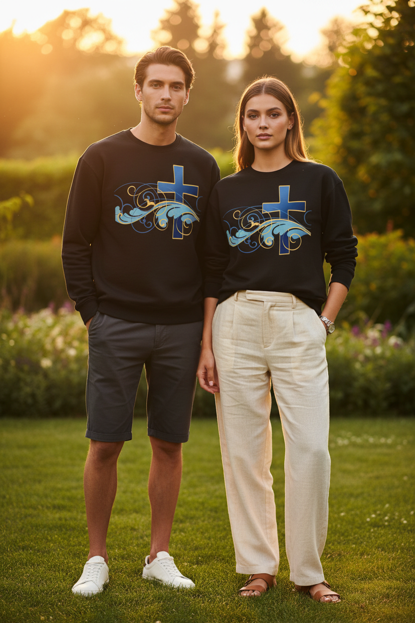 ESTID Unisex Crewneck Pullover | Blaues Kreuz & Wellen-Ornament