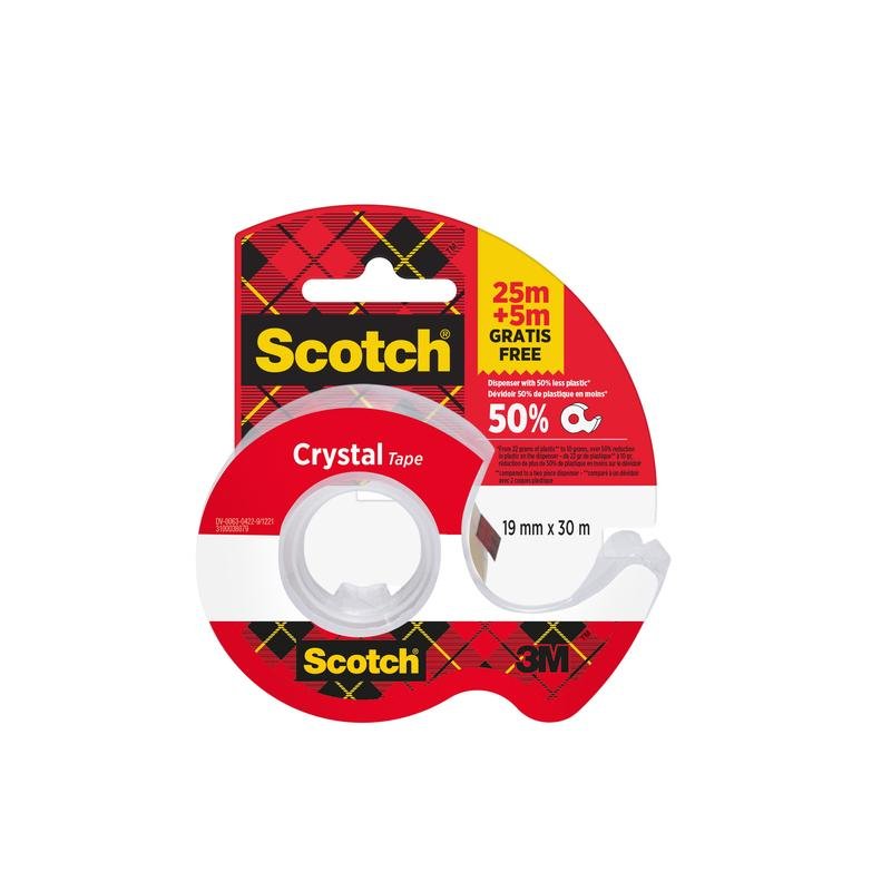 Scotch® Crystal Klebeband, 19mm x 25 m, 1 Rolle auf Handabroller/Packung + 5 m GRATIS