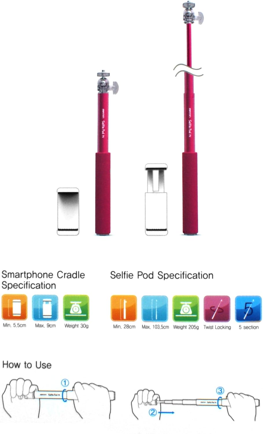 Matin Selfie Stange Stick Stab Monopod Teleskop ca. 25cm - 100cm Selfiestick Halter | System-S
