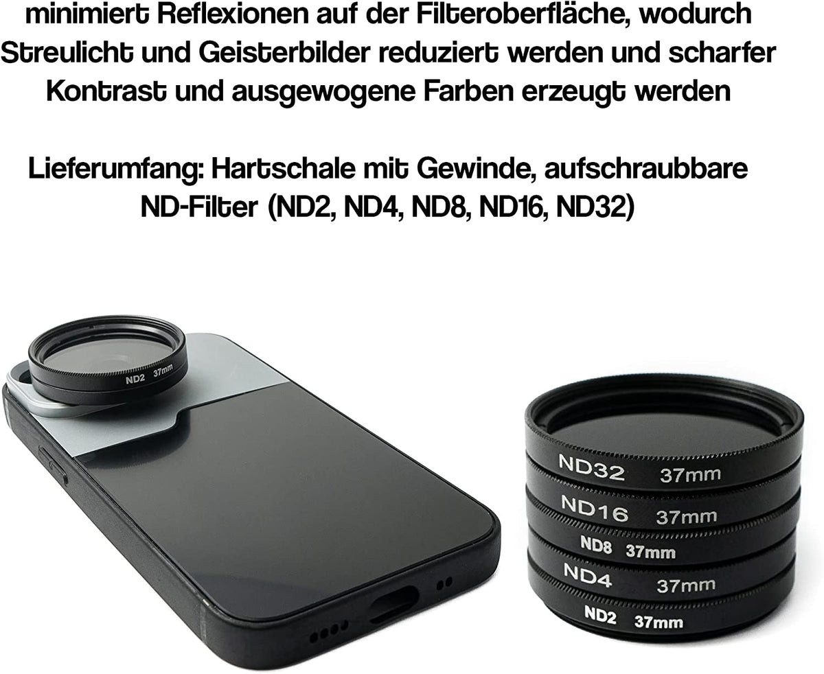 ND Filter Set 37 mm Neutraldichte mit Hülle und Tasche für iPhone 14 Plus | System-S