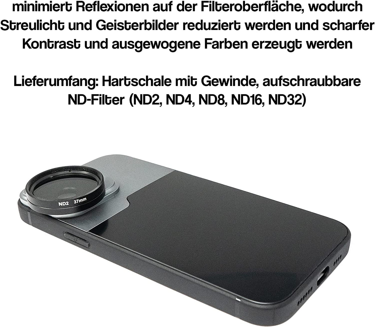 ND Filter Set 37 mm Neutraldichte mit Hülle und Tasche für iPhone 14 Pro Max | System-S