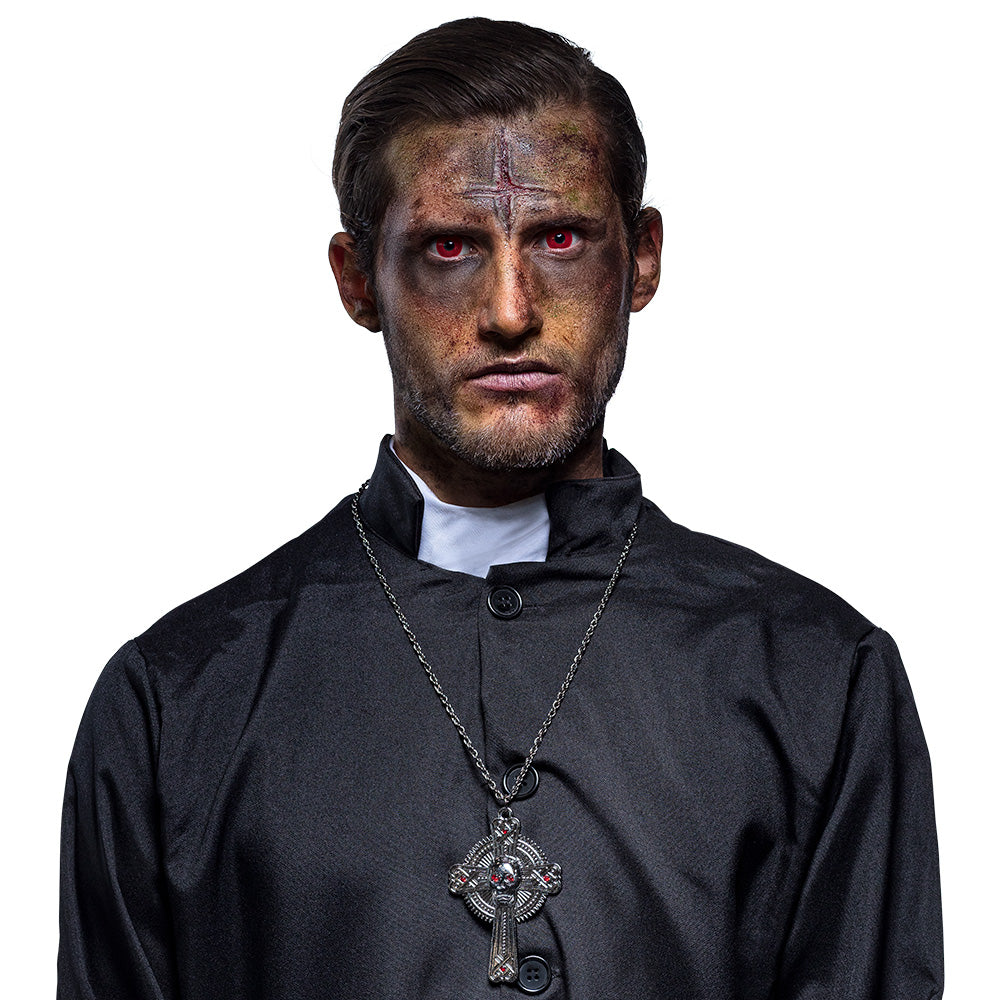 Halskette "Skull" mit Kreuz | Altsilber Rot