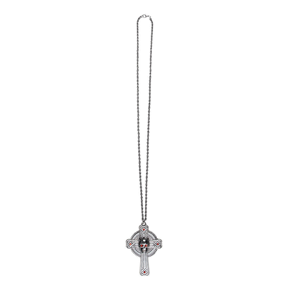 Halskette "Skull" mit Kreuz | Altsilber Rot