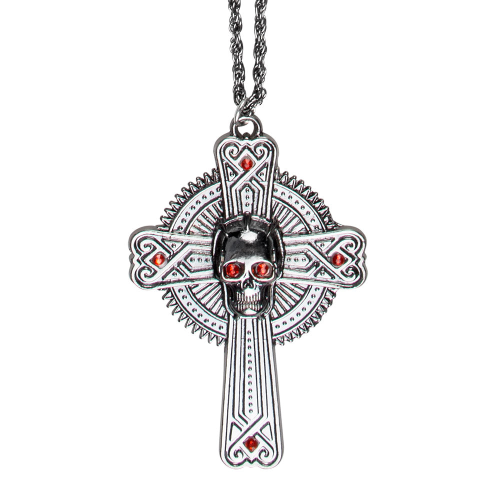 Halskette "Skull" mit Kreuz | Altsilber Rot