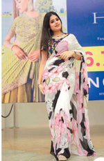 Soft gorgette party Stylish saree with digital blouse {unstitched}