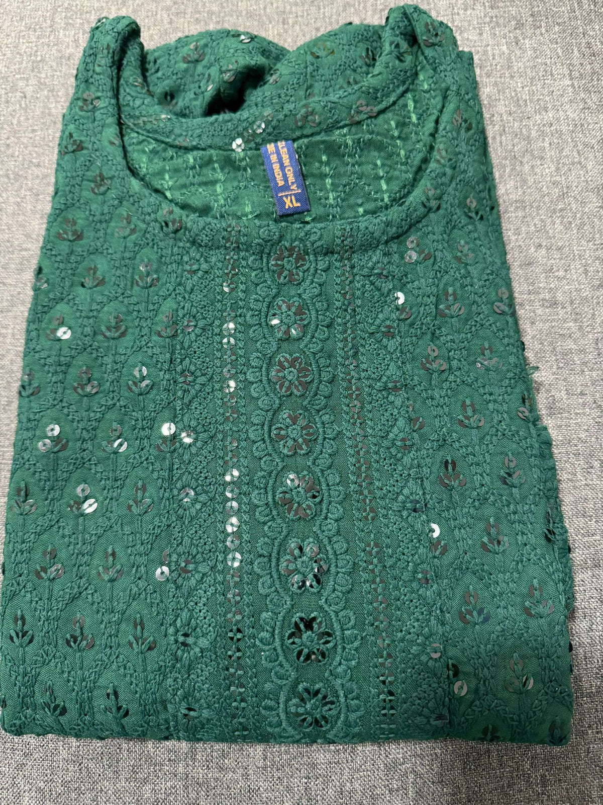 Women Bottle Green Embroidered  with Sequence Chikankari Straight Kurta Namma Markt