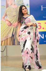 Soft gorgette party Stylish saree with digital blouse {unstitched}