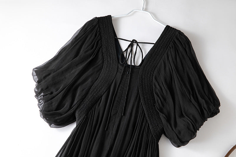 Damen Seidenkleid mit Puffärmeln | Luftsüßes Boho Maxikleid