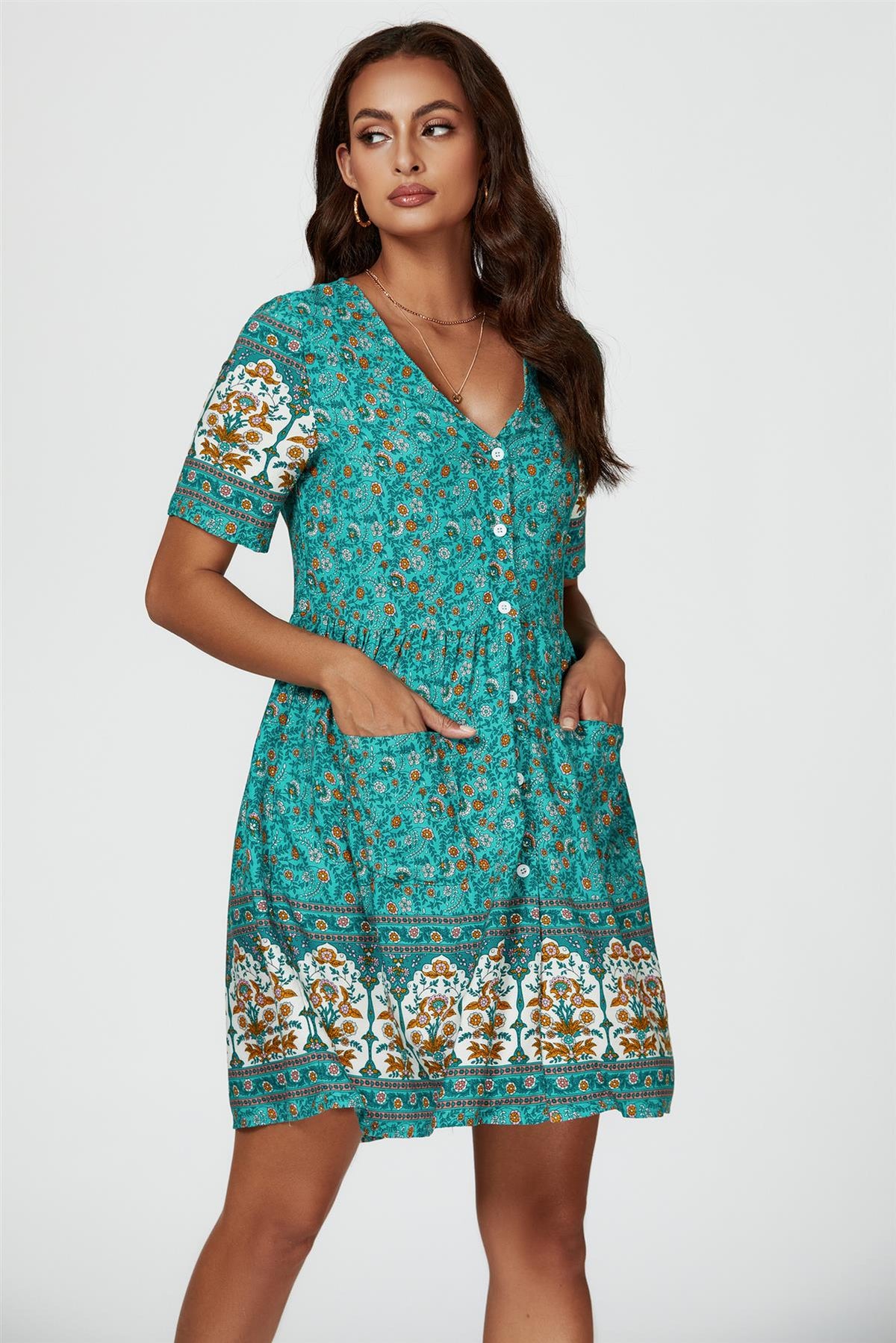 Print Boho Mini Dress In Green