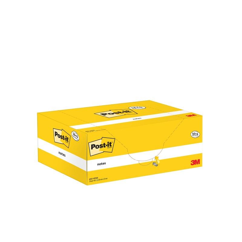 Post-it® Notes, Gelb, 38 mm x 51 mm, Promotion, 100 Blatt/Block, 16 Blöcke + 4 Gratis/Packung, 100% PEFC, SGSCH-PEFC-COC-110078 | Packung (1 Stück)