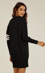 Wool Knitted Tunic Jumper Dress With White Stripe In Black