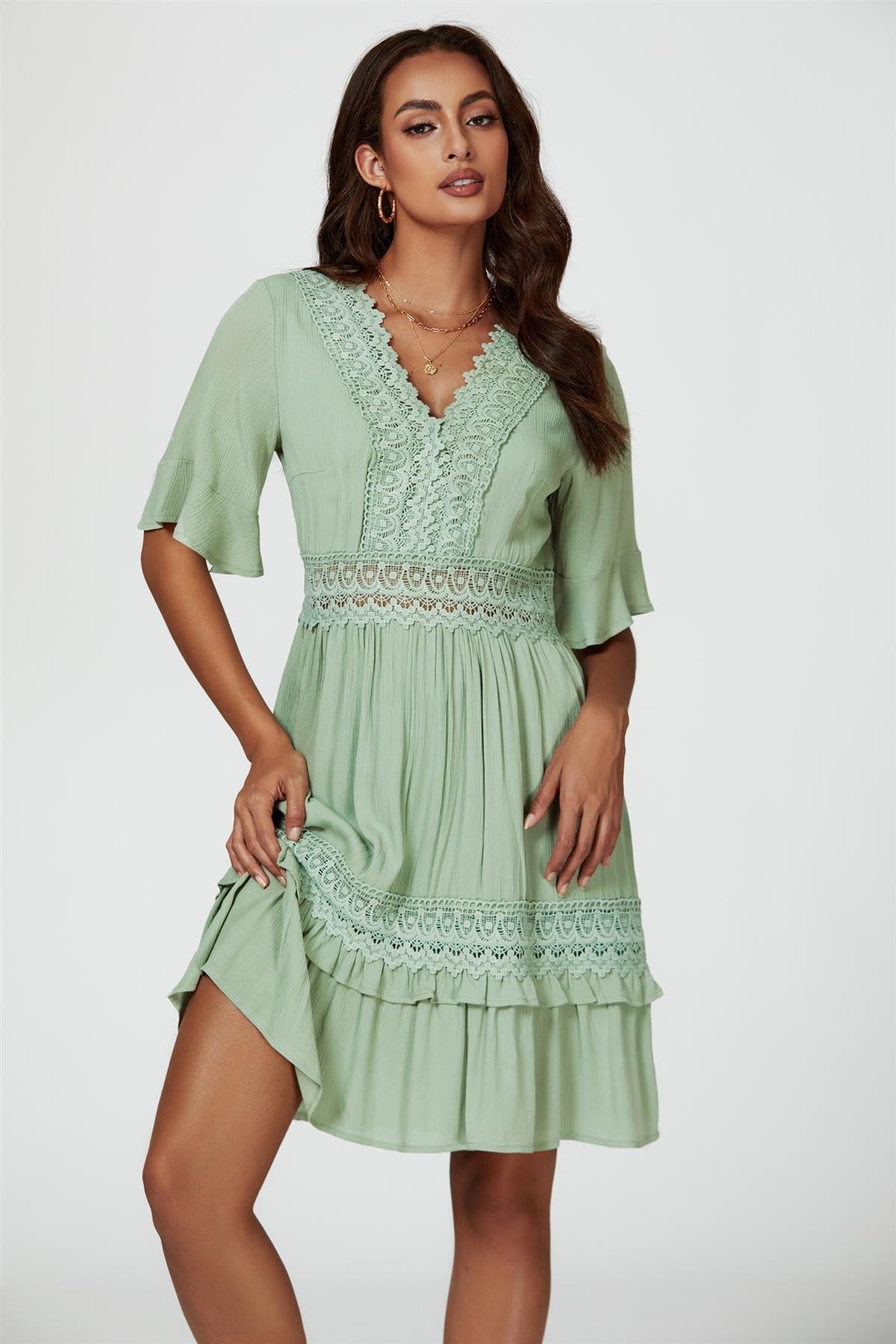 V Neck Lace Mini Dress In Green