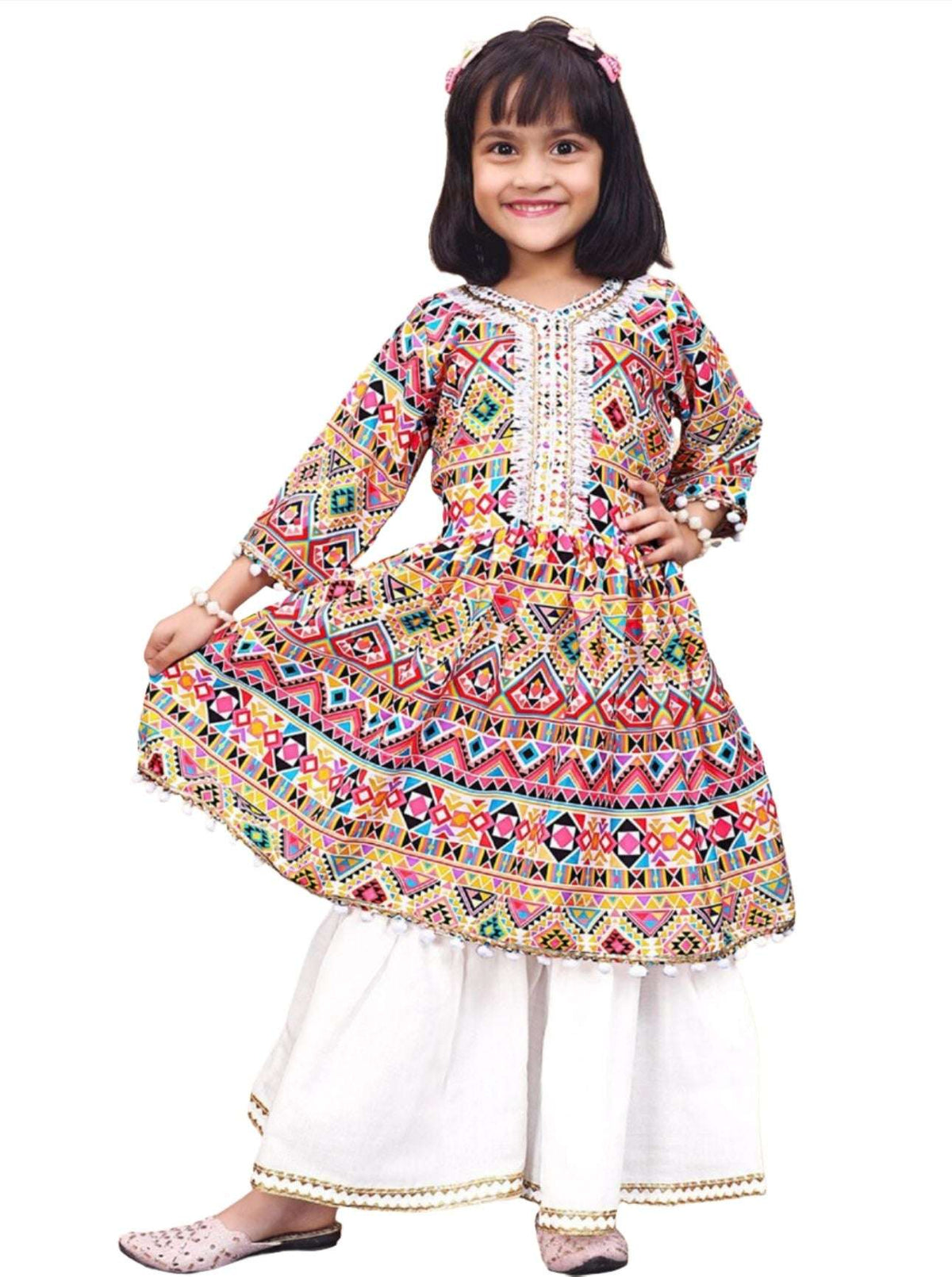 Anarkali Kurta With Sharara for Girls Geometric Printed Angrakha