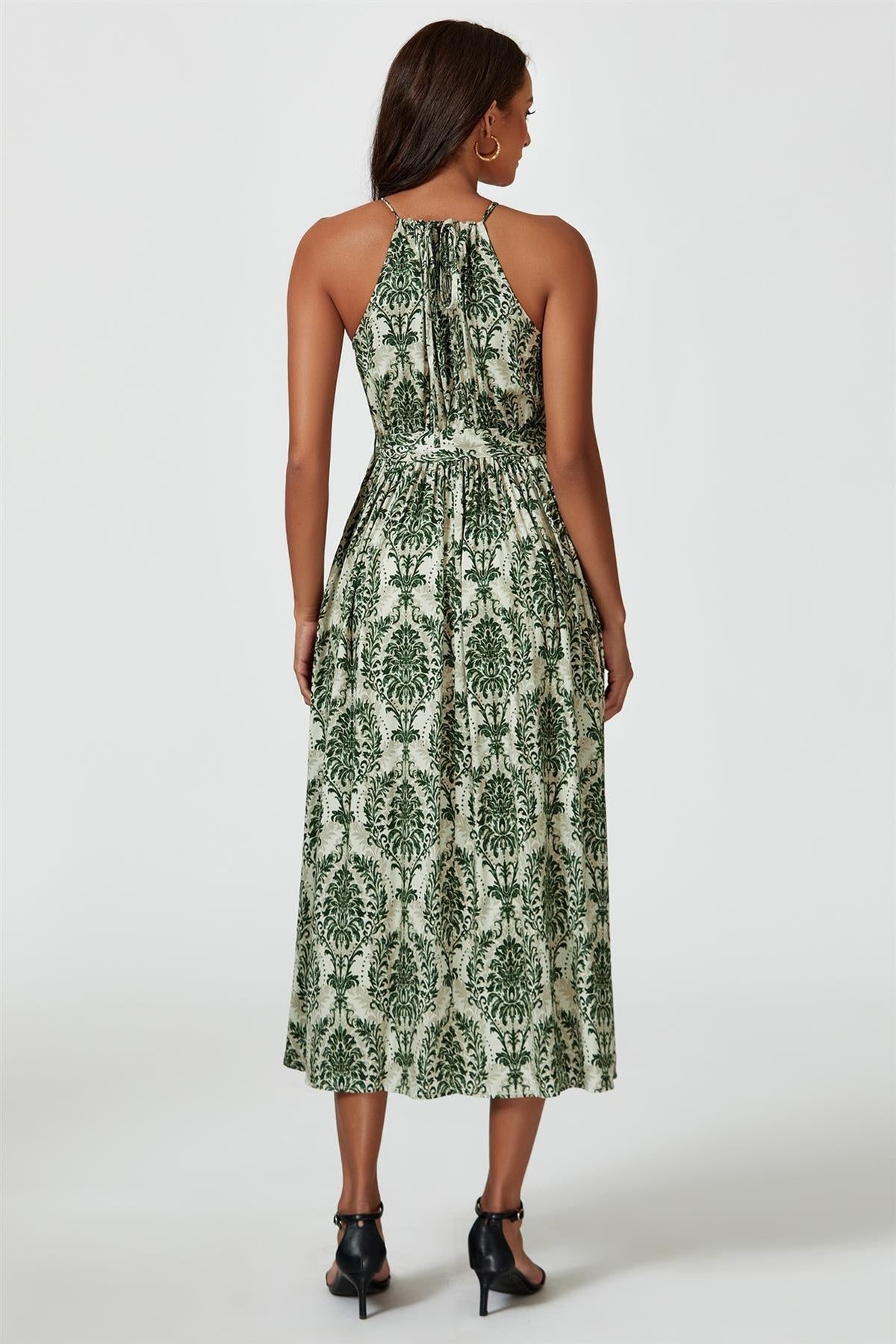 Green & Beige Floral Print Tie Halterneck Maxi Dress