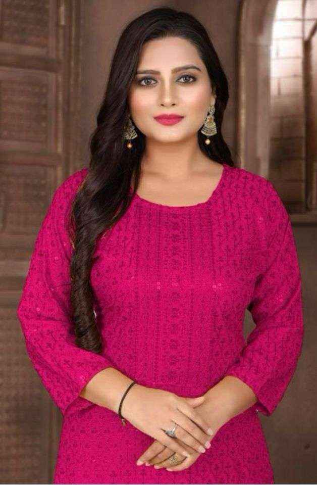 Women Rani Pink  Embroidered  with Sequence Chikankari Straight Kurta