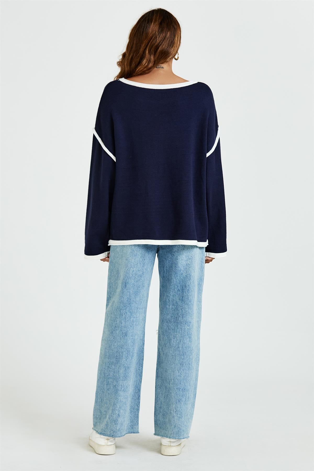 White Striped Oversized Jumper Top In Navy