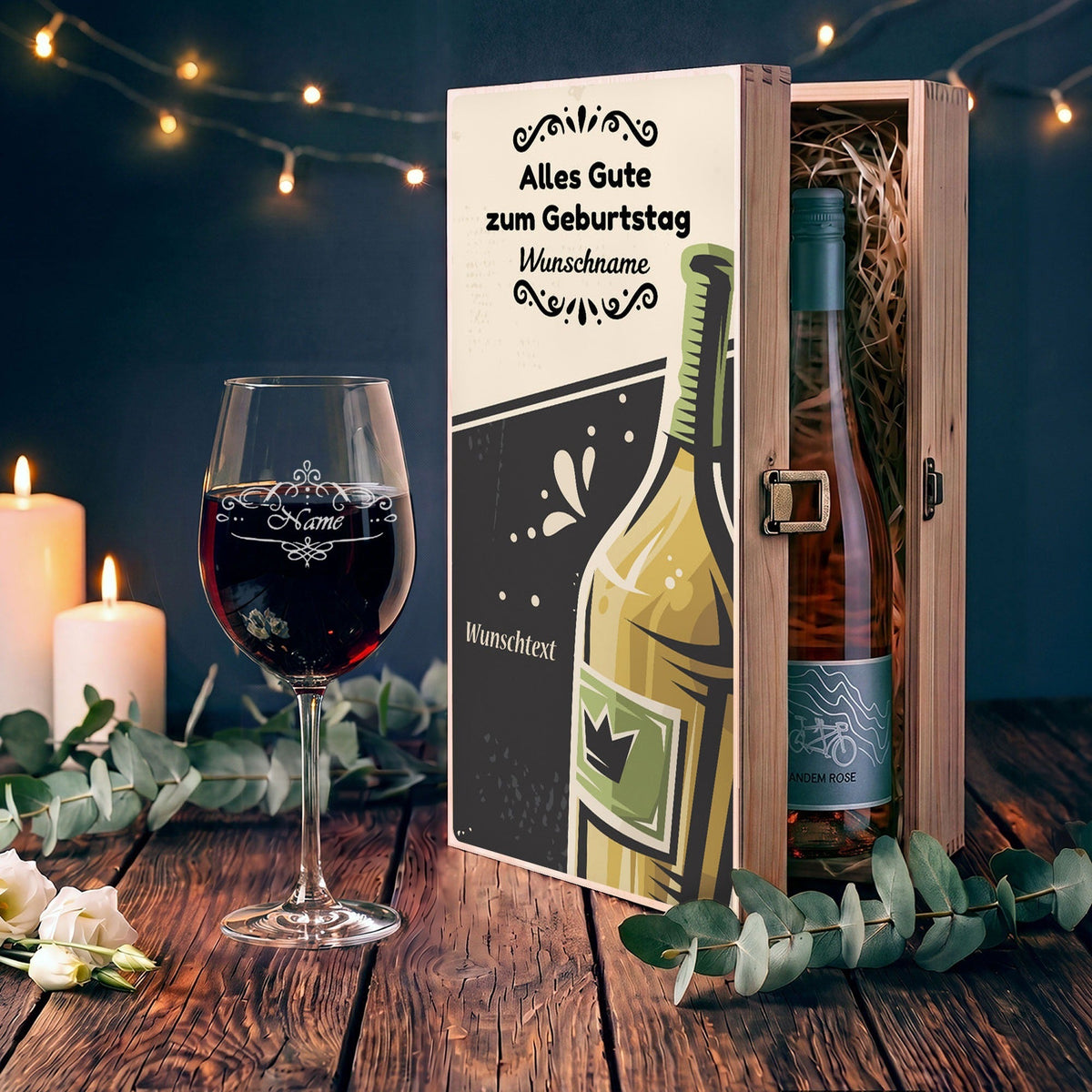 Stölzle Lausitz Weinglas "Alles Gute zum Geburtstag" inkl. bedruckter Holzkiste + Riesling Tandem