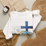ESTID Unisex Crewneck Pullover | Blaues Kreuz & Wellen-Ornament