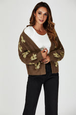 Flowers Pattern Knitted Cardigan In Brown