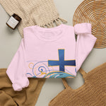ESTID Unisex Crewneck Pullover | Blaues Kreuz & Wellen-Ornament