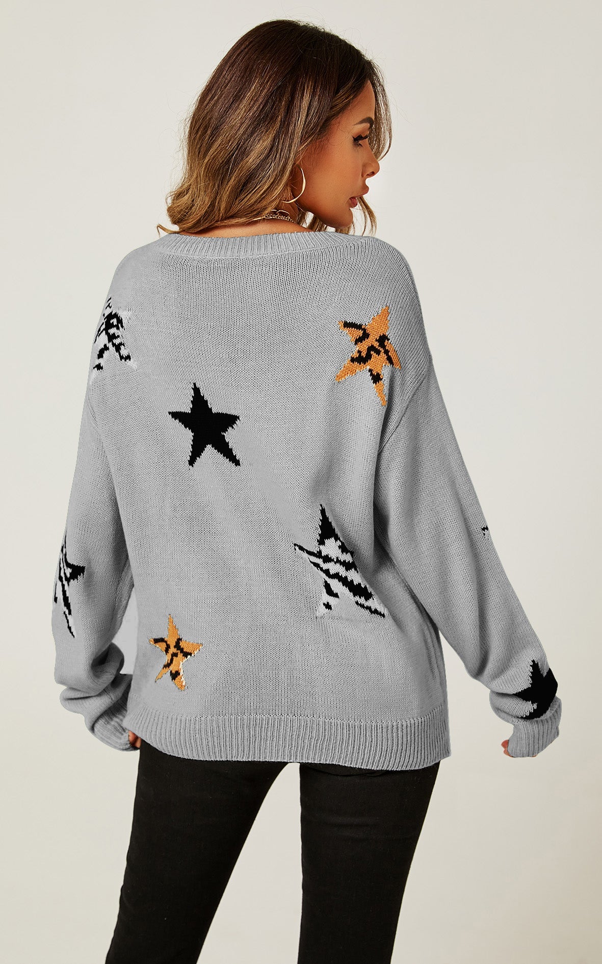 Relaxed Soft V Neck Animal Star Pattern Jumper Top In Beige
