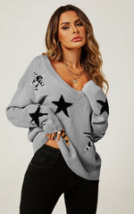 Relaxed Soft V Neck Animal Star Pattern Jumper Top In Beige