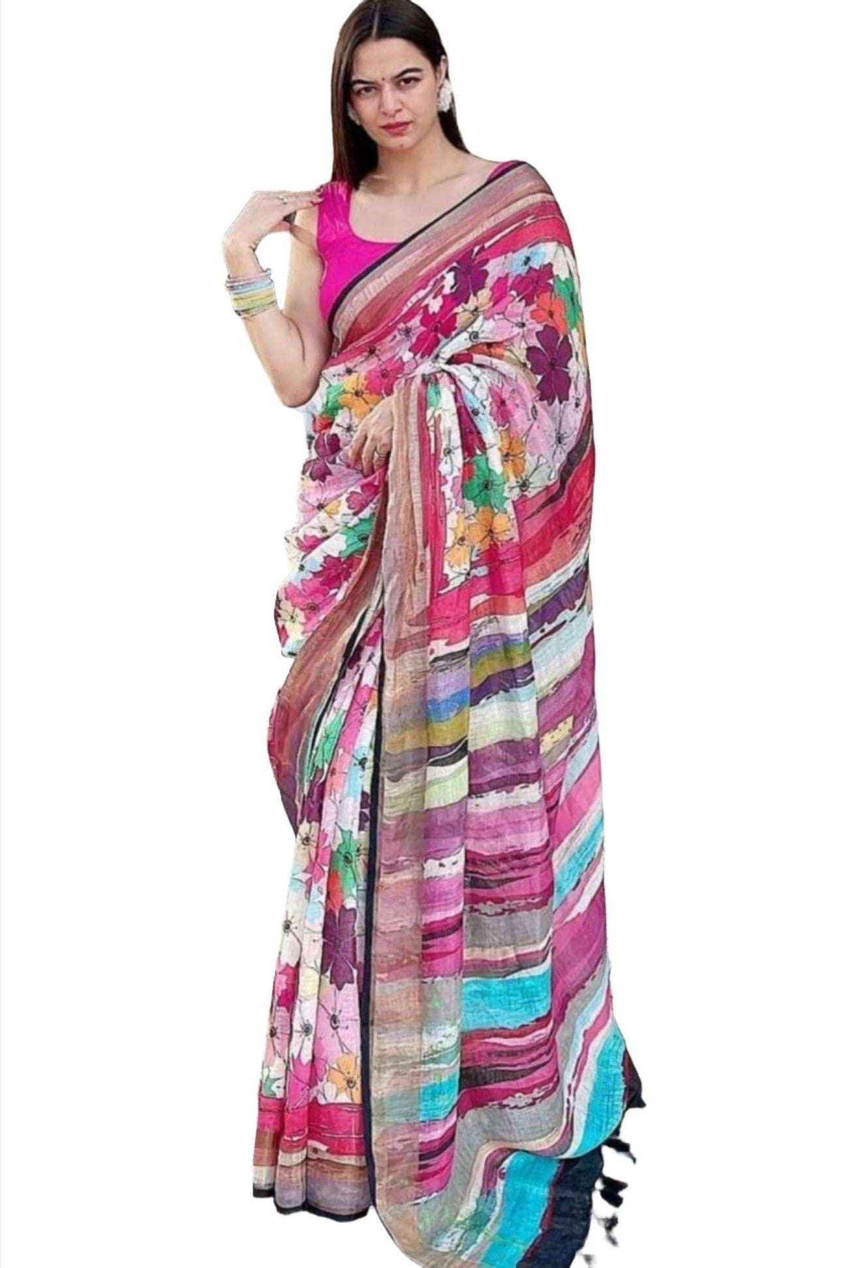 Linen Saree With Gold Jari Patta